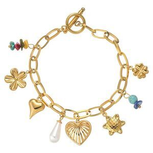 18K Gold Plated Women's Charm Bracelet Heart Sun Flower Beads Hypoallergenic